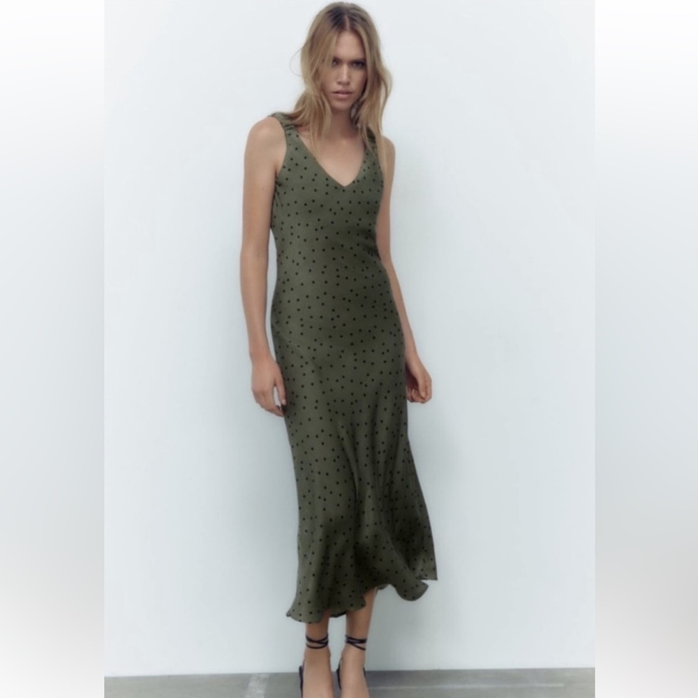 Zara Double V Neck Silk Slip Dress in Polka Dot Print Size Medium